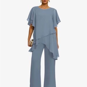 Chiffon Layered Palazzo Jumpsuit - Dusty Blue
